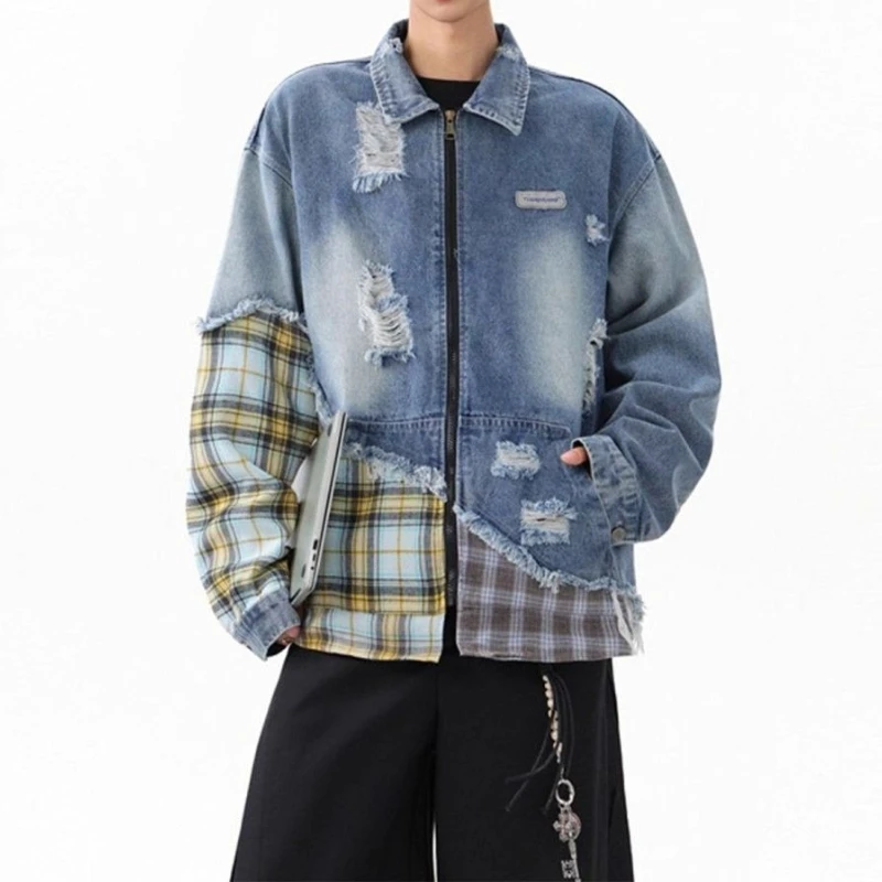 

Plaid splicing denim jacket men's new retro design casual jacket men's