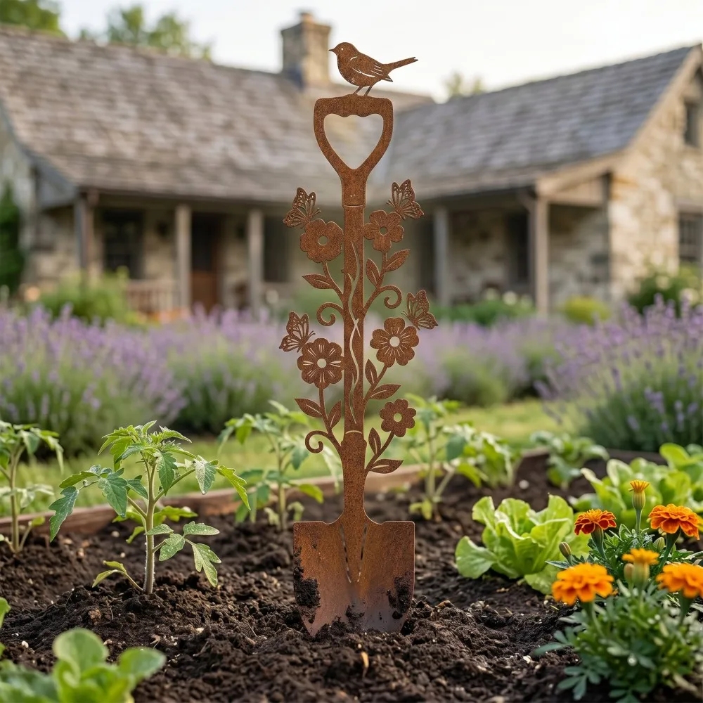 【2D Flat】 1pc Rusted Metal Spade Garden Stake, Bird And Flower Garden Decoration, Rustic Outdoor Yard Decor