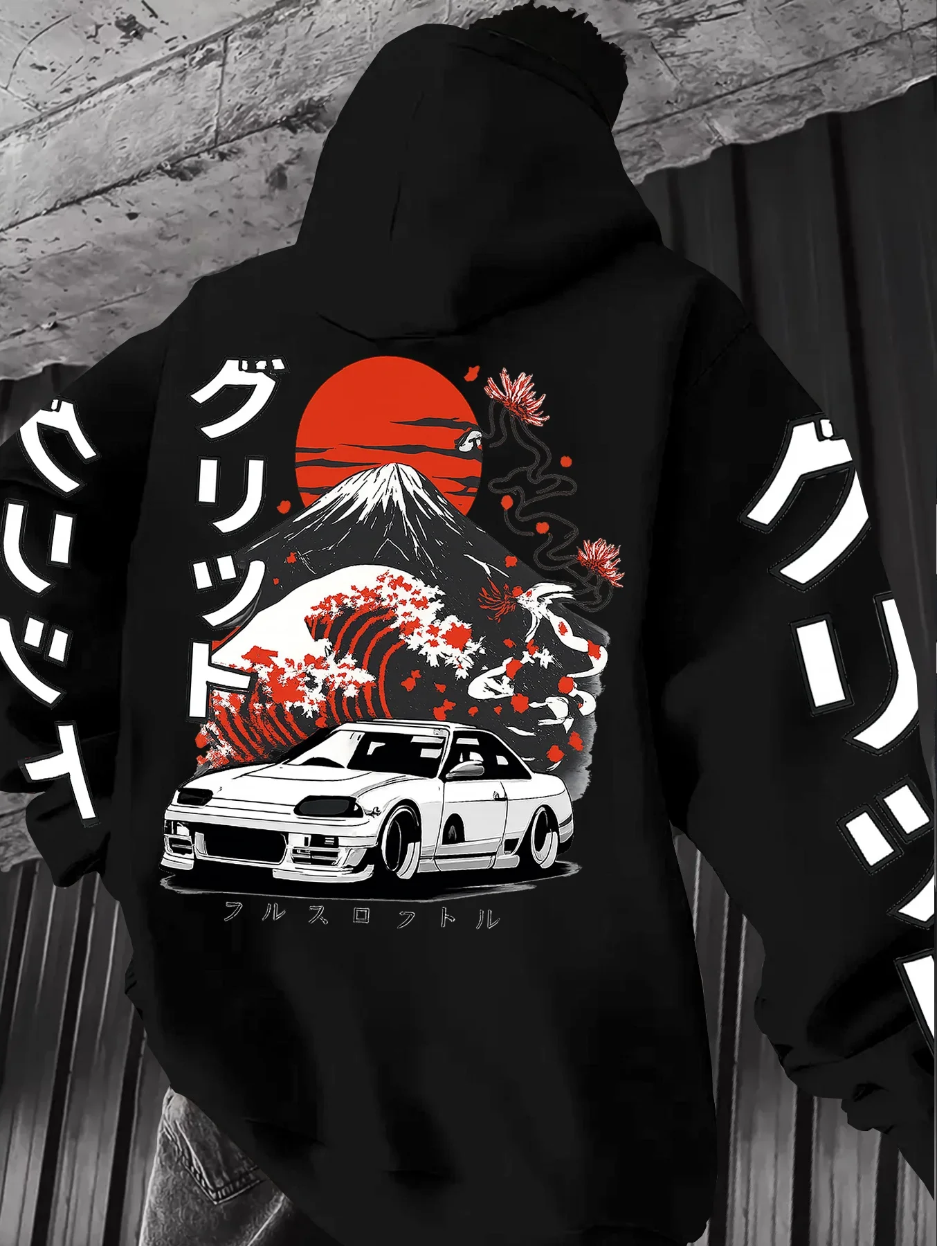 Men JDM Car Hoodie Japanese Fuji Mountain Wave Racing Vehicle Graphic Print Loose Fit Streetwear Pullover Sweatshirt Autumn