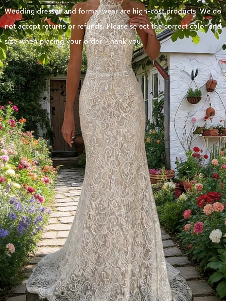 Elegant Halter Collar Lace Graceful Sleeveless Mermaid Bride Wedding Dresses Bridal Gowns Customized
