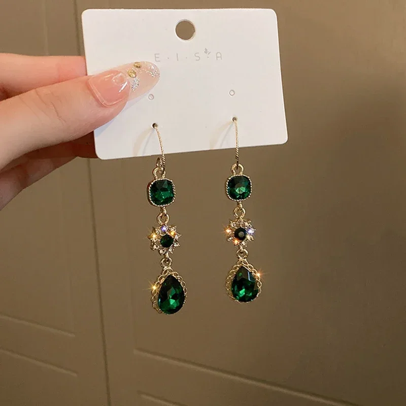 New Fashion Fine 14K Real Gold Plated Emerald Crystal Flowers Drop Earrings for Women Girl Hook Type Jewelry AAA Zirconia