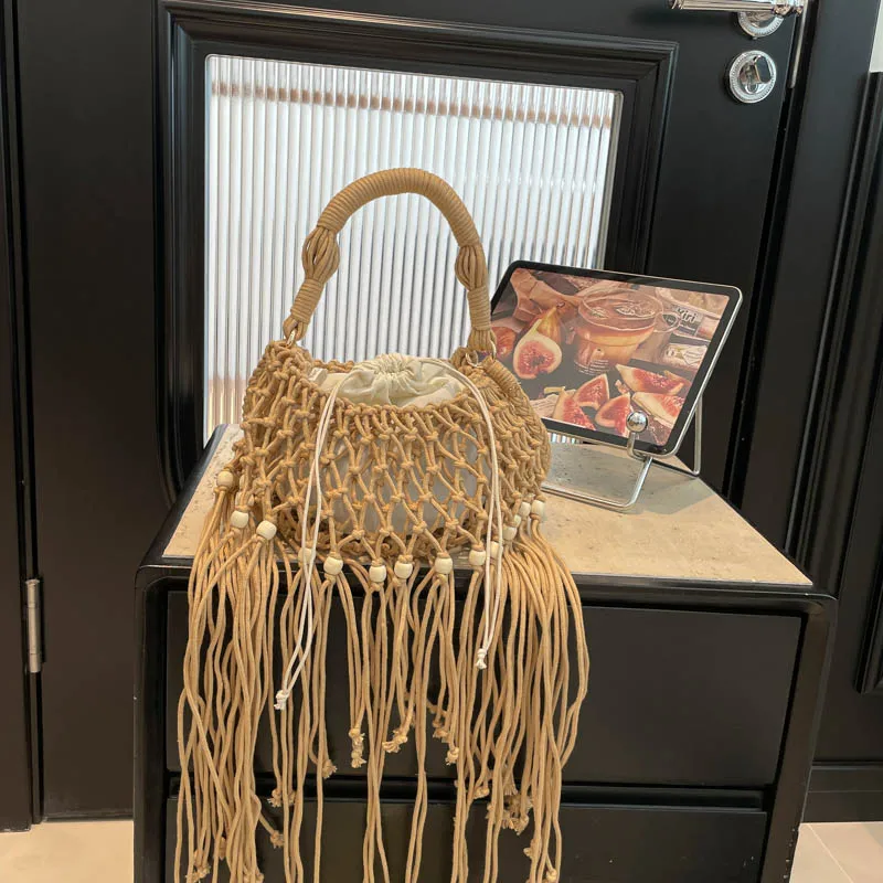 

Handmade Rope Woven Handbag Hollow Out Beach Bag Boho Knitting Tote Shopper Bag Versatile Fashion Tassel Shoulder Crossbody Bag