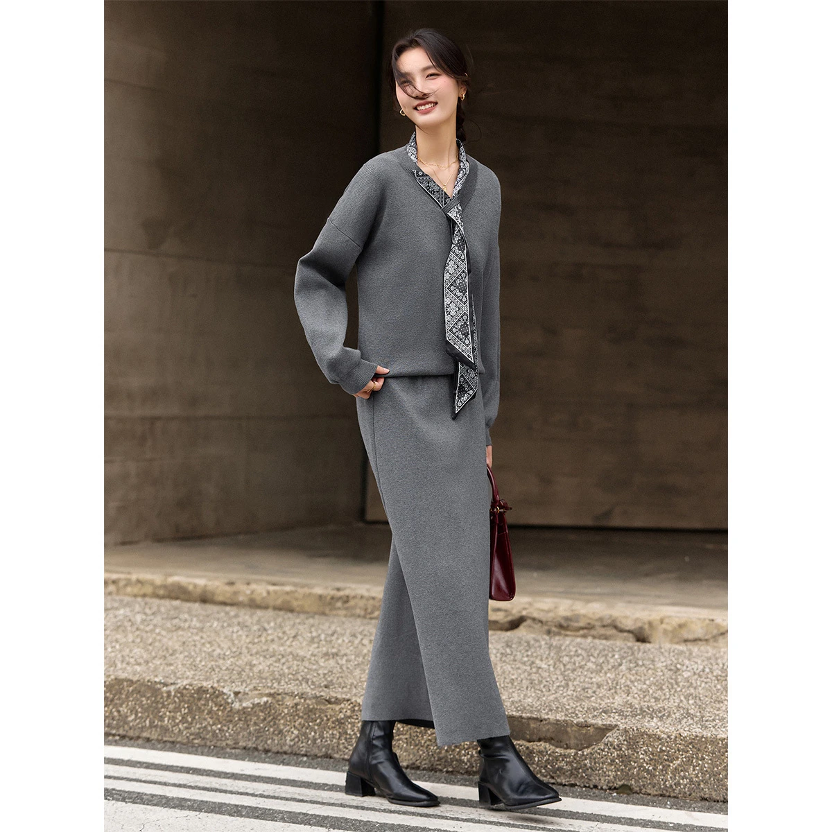 VIMLY النساء متماسكة تنورة مجموعات ركاب الخامس وشاح للرقبة كم كامل بلايز ألف خط التنانير الطويلة الشتاء لينة السيدات قطعتين مجموعة 30503