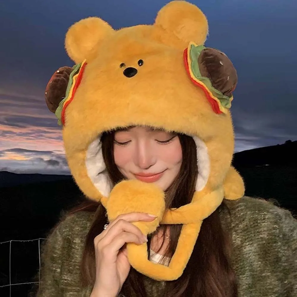 

Panama Cap Cartoon Hamburger Winter Plush Hat Anti-cold Penguin Bear Lei Feng Hat Adjustable Soft Ear Protection Cap Cycling