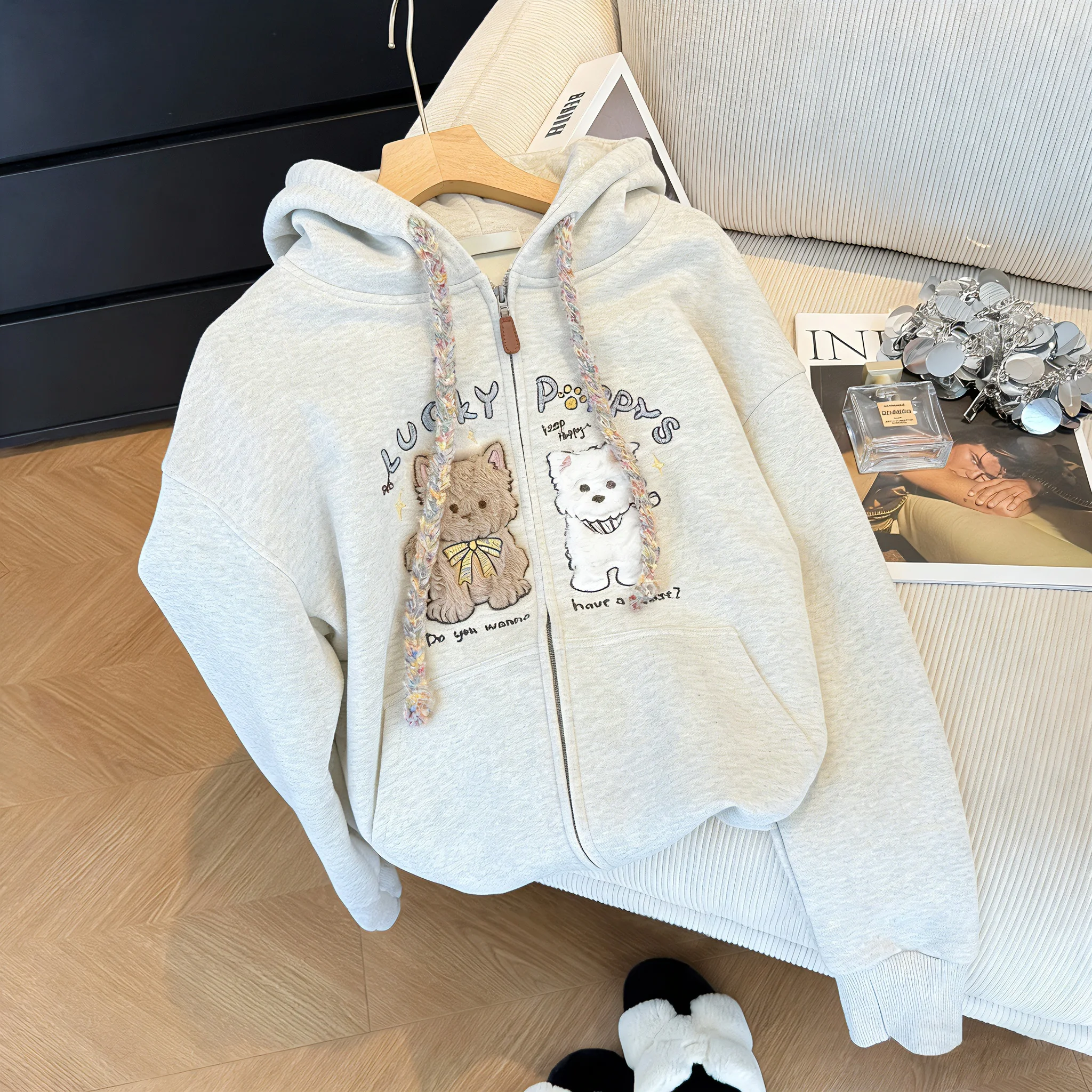 

Korean Cute Cartoon Dog Print Hoodie Jaet Women's Spring Autumn Thin Loose Zipper Open Cardigan Top Comfortable Polyester