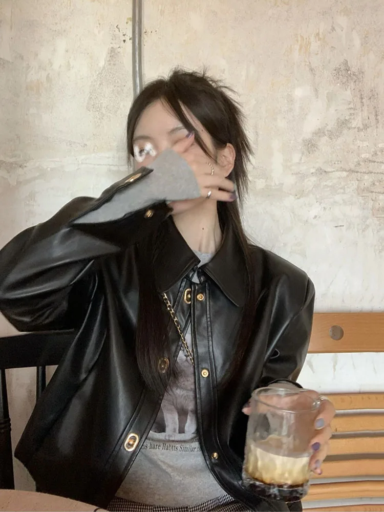 Zwarte PU lederen jassen dameskleding lange mouw kraag streetwear uitloper casual mode harajuku y2k jassen tops