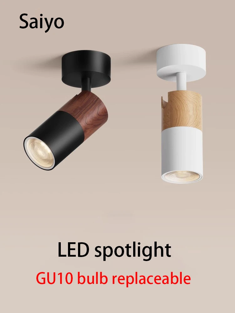 Led Spotlights GU10 Bulb Replaceable Spot Light Walnut Log Wood Color Surface Mounted Ceiling Lamp Adjustable Angle COB 110V 220