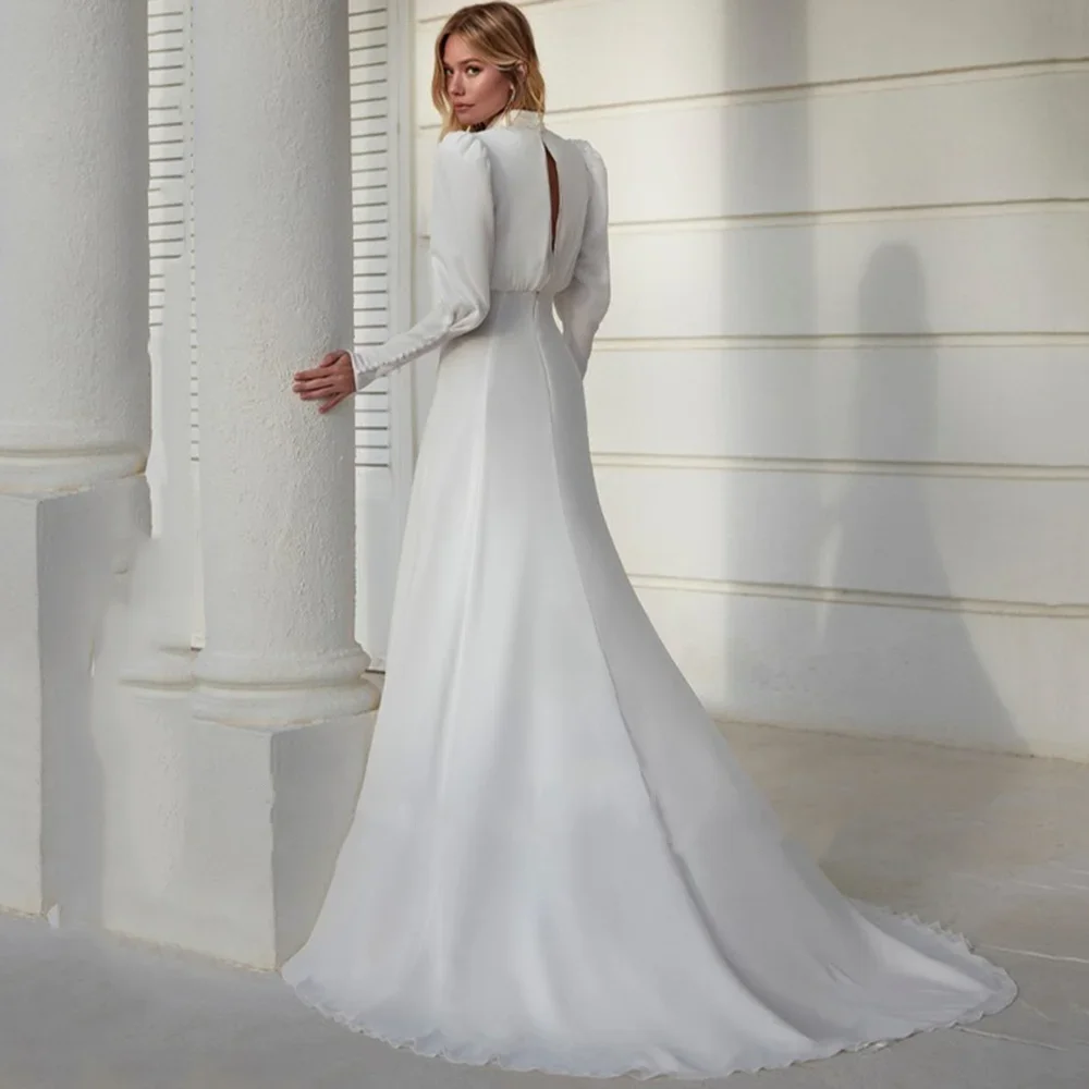 Modern High Collar Long Sleeve White Wedding Dress Women's Long Lantern Sleeve A-Shaped High Waist Bride Dress Customization