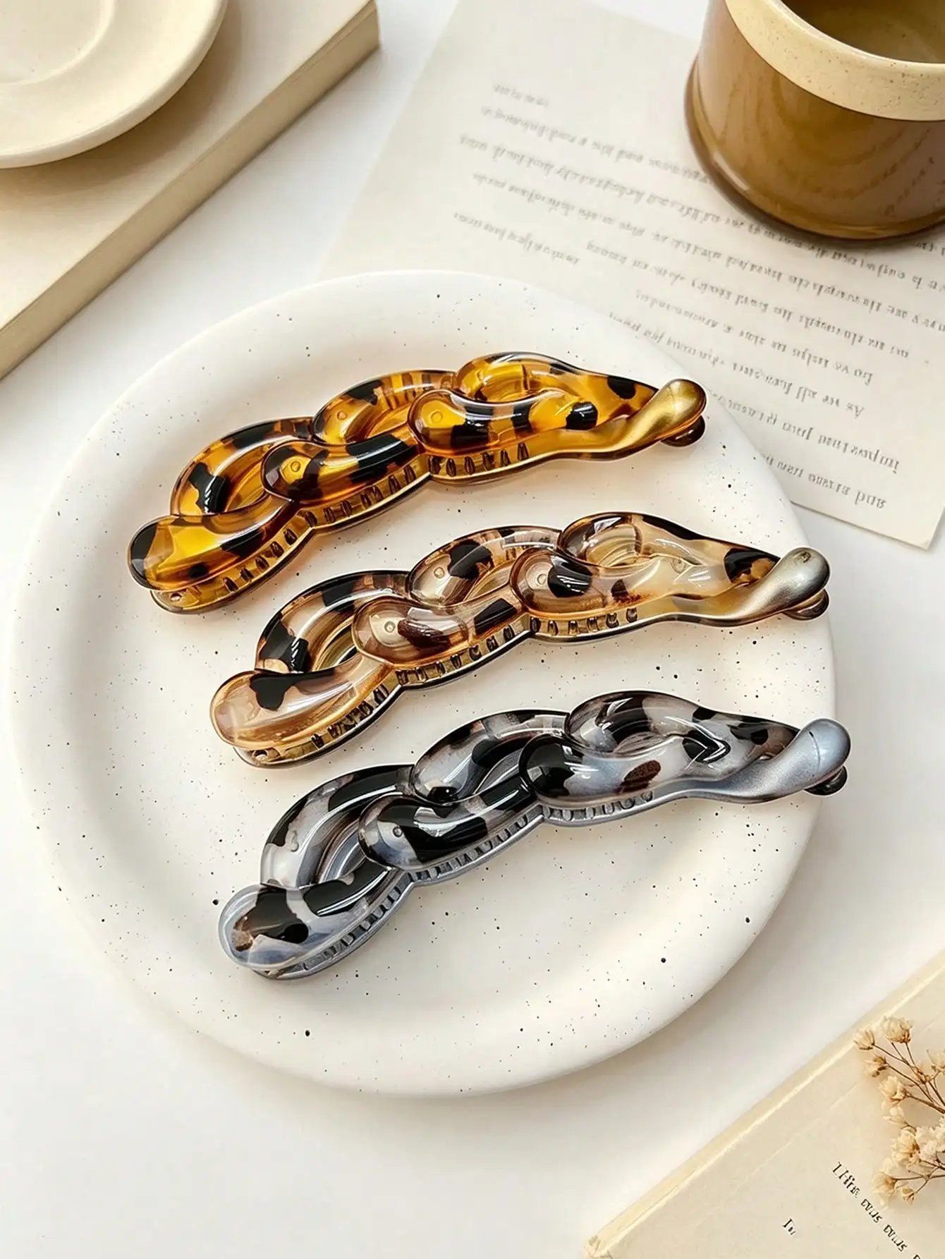 3pcs Women's Vintage Tortoise Shell Banana Clips, Leopard Print Vertical Hair Clips For Thick Hair Ponytail SC260908114234859739547