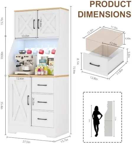 Pantry Cabinet with Adjustable Shelves and 3 Drawers, Tall Kitchen Pantry Storage Cabinet with LED Light & Charging