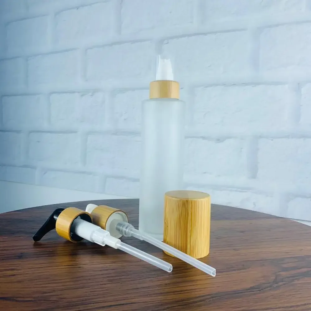 

Skin Care Tools Empty Glass Jar with Bamboo Wood Pump Lid Frosted Glass Bottle empty cosmetic containers empty cosmeticcontainer