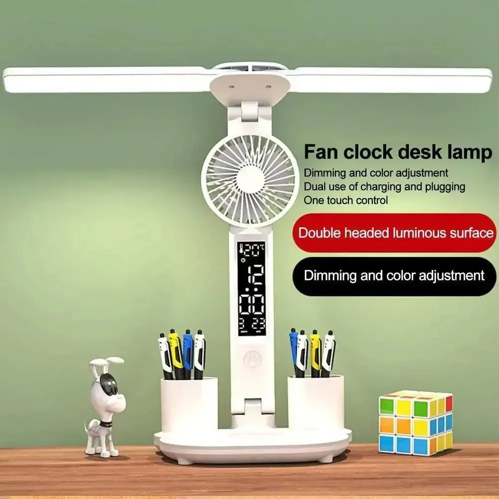 Rechargeable Table Lamp for Study Desk Lamp Reading Light Led Dual Head Table Light with Fan Led Clock Dispaly Reading Lamp 1