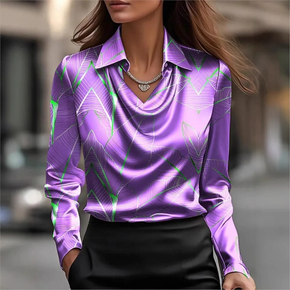 Mode imprimé à manches longues revers chemise femmes automne nouveau décontracté Simple tempérament bureau pull chemise femme hauts 2025