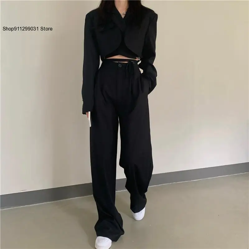 Women Sexy Crop Blazer Jacket High Waist Trousers Suits Wide Leg Pants Outfit 2-Piece Set Fashion for Female Summer