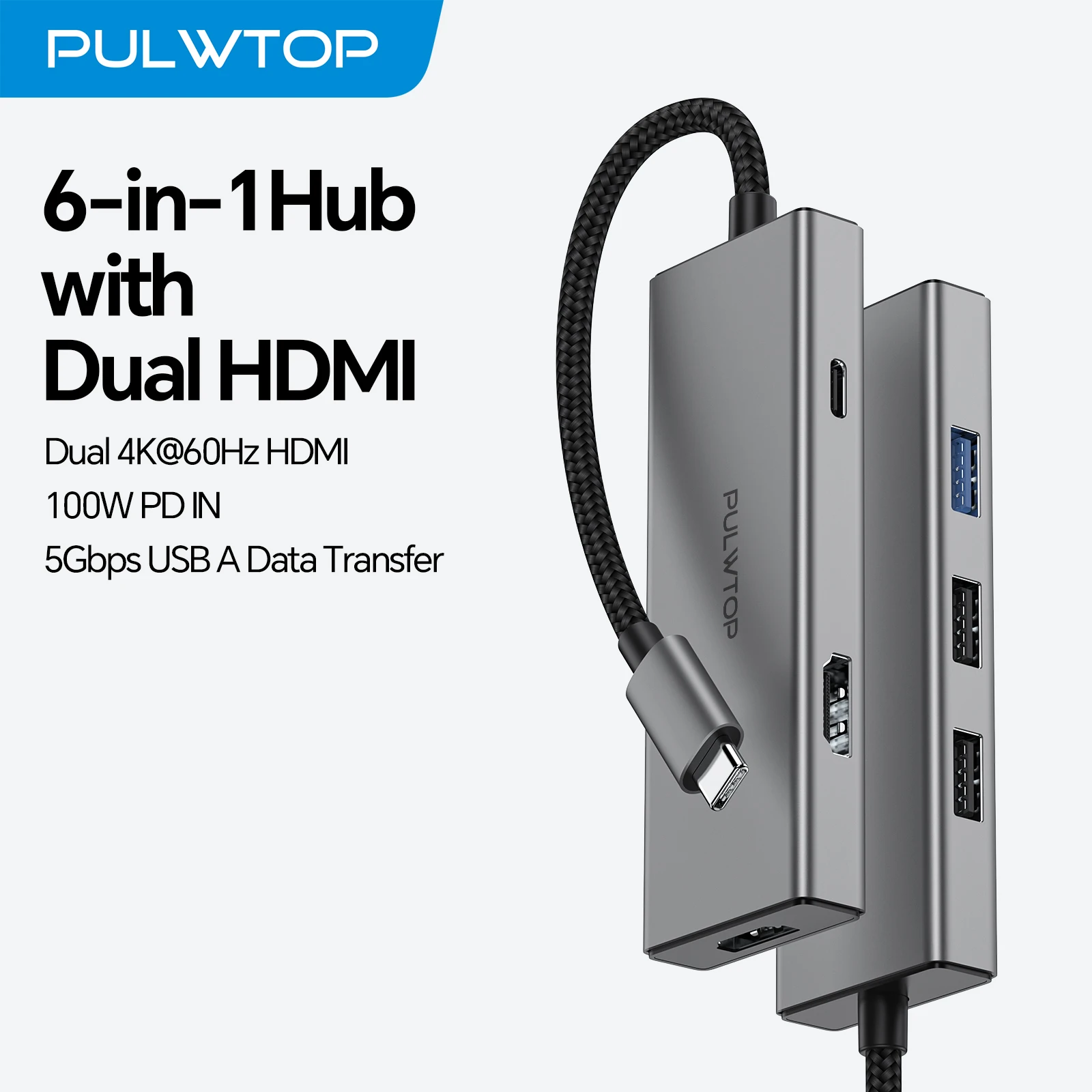 

PULWTOP 6 N 1 USB C Hub, USB-адаптер с USB C 3.2, USB 2.0, 2 *HDMI, 100 Вт PD IN, многопортовый ключ для MacBook Pro/Air и других устройств