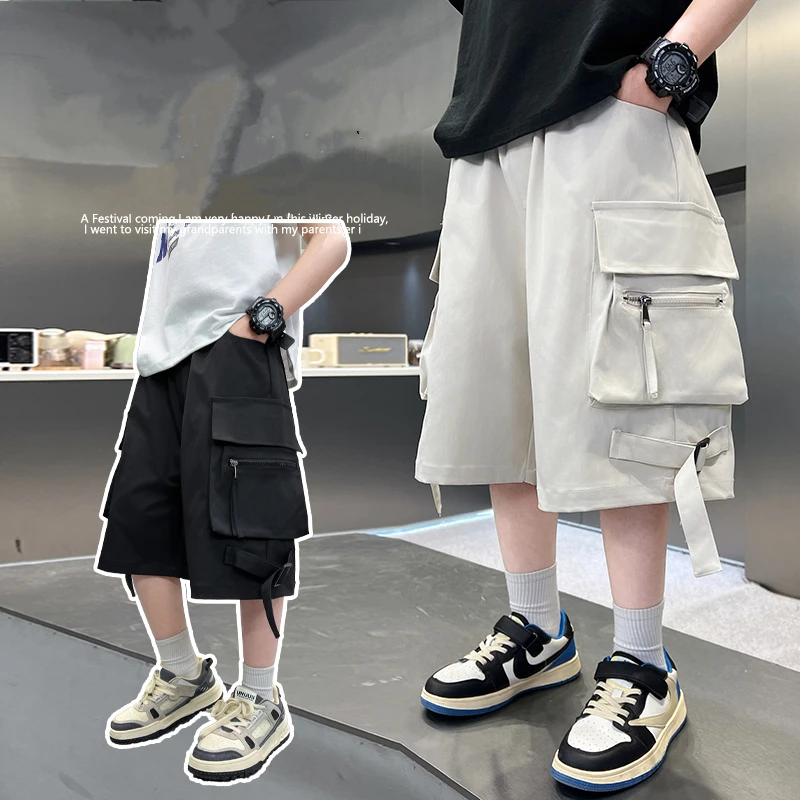 Children New Summer Cargo Shorts for Tweens Boys Casual Loose Baggy Shorts with Big Pocket Kids Cotton Knee-Length Short Capris