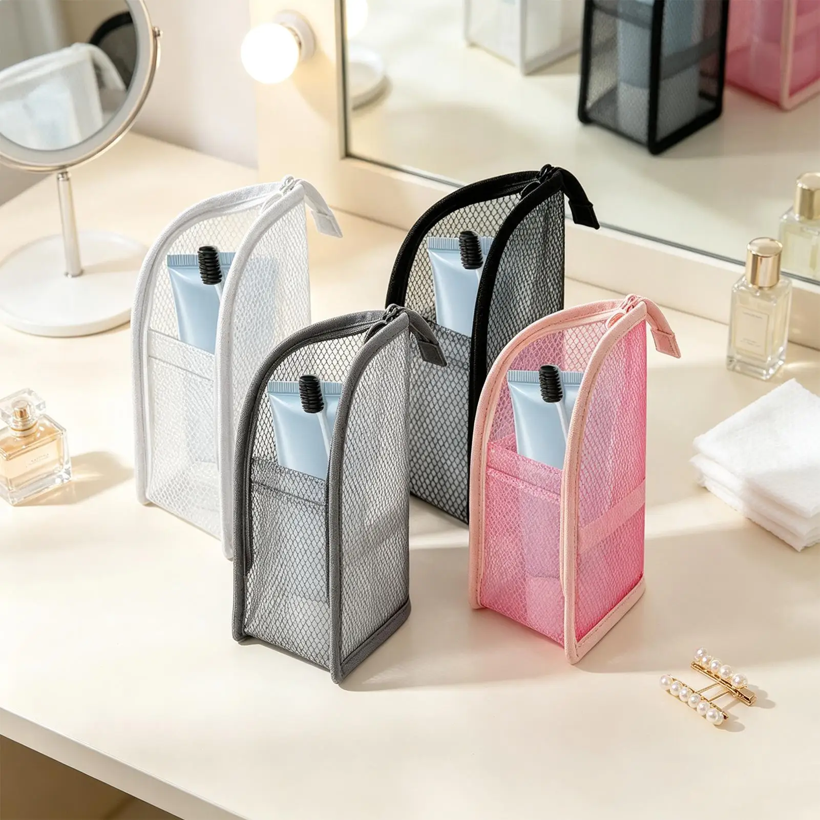 Standing Mesh Toiletry Bag Portable EVA Waterproof Travel Foldable Toothbrush Cosmetic Organizer Women Bathroom Wash Pack