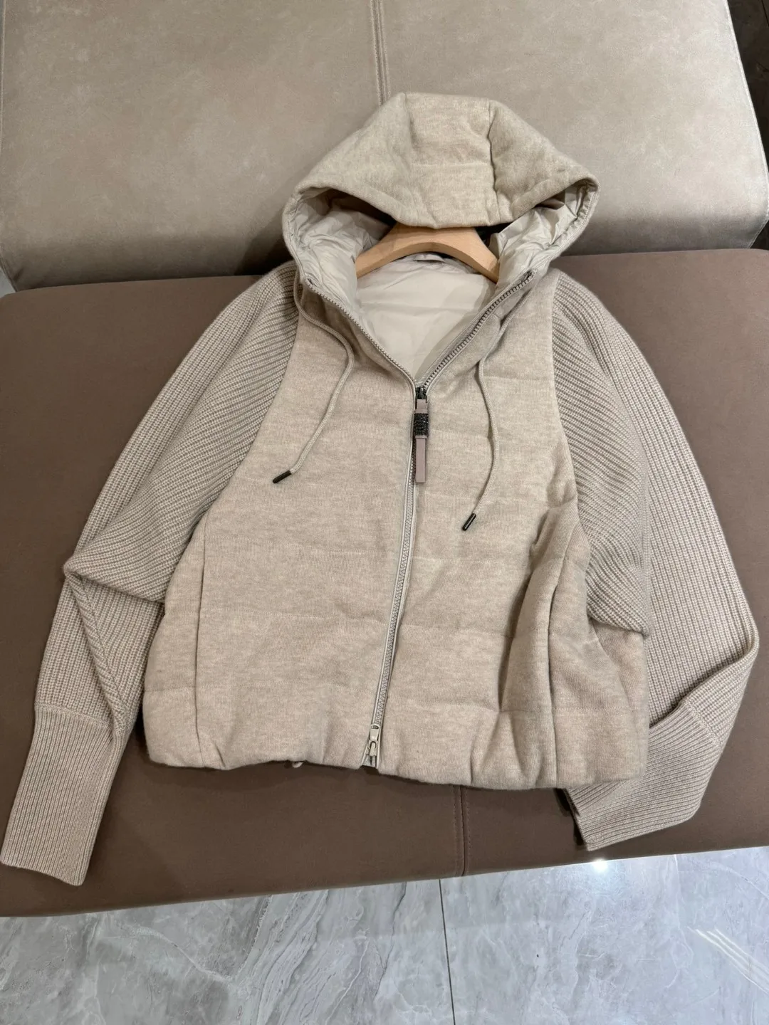 Luxurious high quality hooded  goose down cashmere knitted sleeves coat