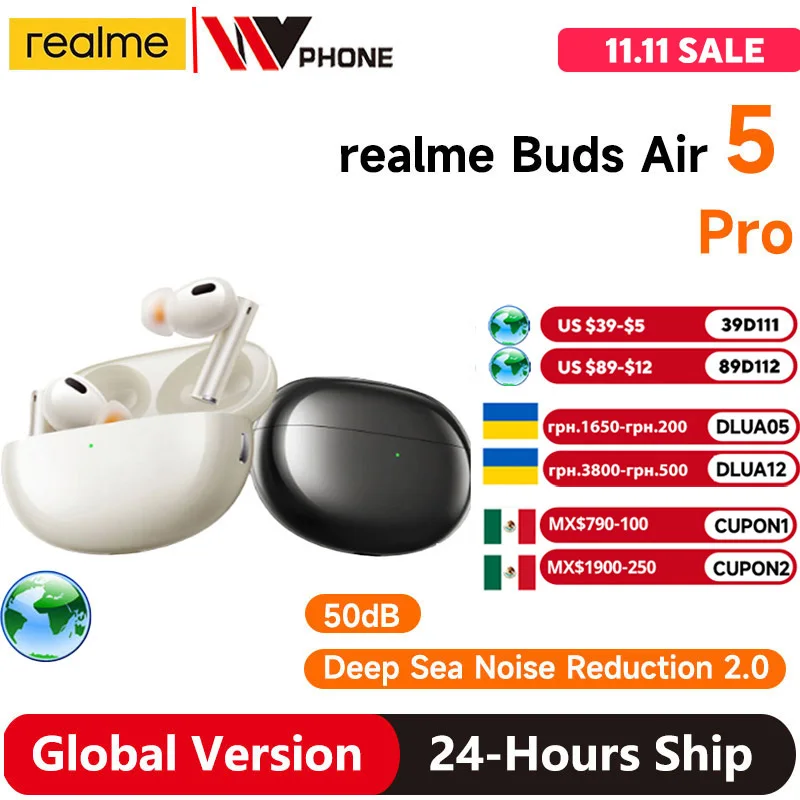 Globální varianta realme buds vzduch 5 pro TWS sluchátko 50db aktivní hluk odvolání LDAC bezdrátový sluchátka наушники беспроводные nový