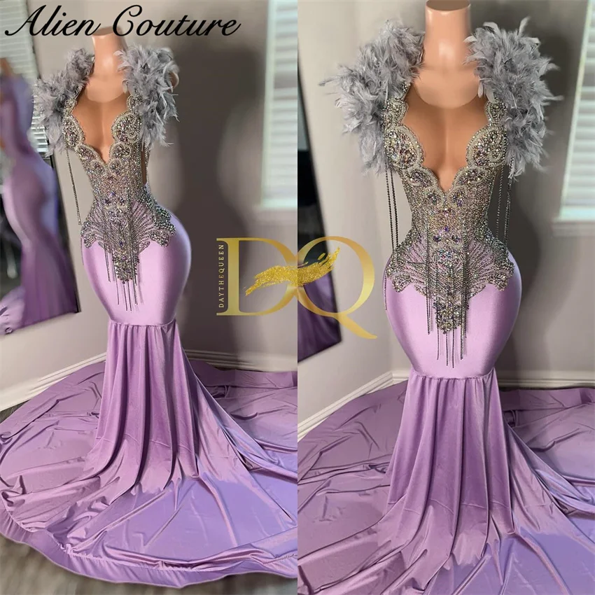 

Luxury Lilac Purple Mermaid Prom Dresses Party Vestidos Tassel Feathers Sparkly Crystal Diamonds Evening Gown Customized