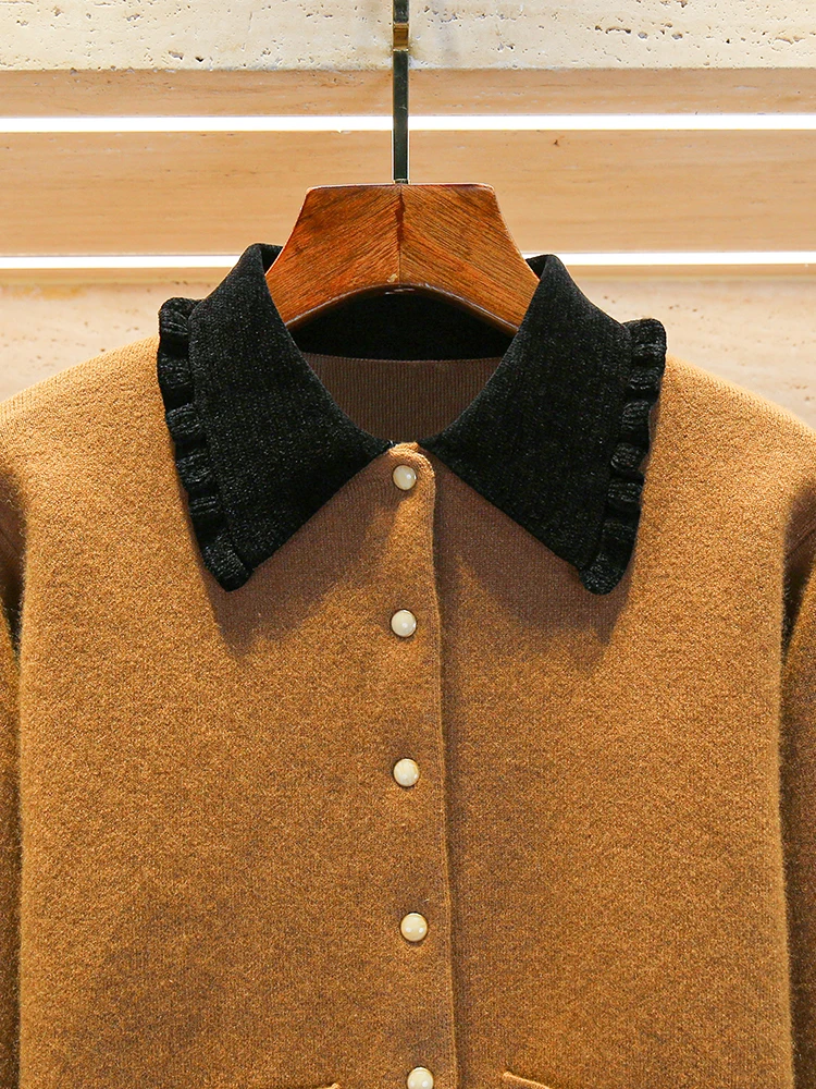 

High-End Women's Khaki Knitted Open Cardigan Autumn New Sle College Wind S Home South Oil French Sle Long Sve ort Coat