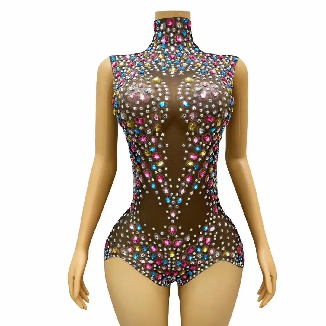 Luxury Celebrate Sexy Outfit Sleeveless Bodysuit Colorful Rhinestones Crystals Black Leotard Birthday Costume Tangwucai