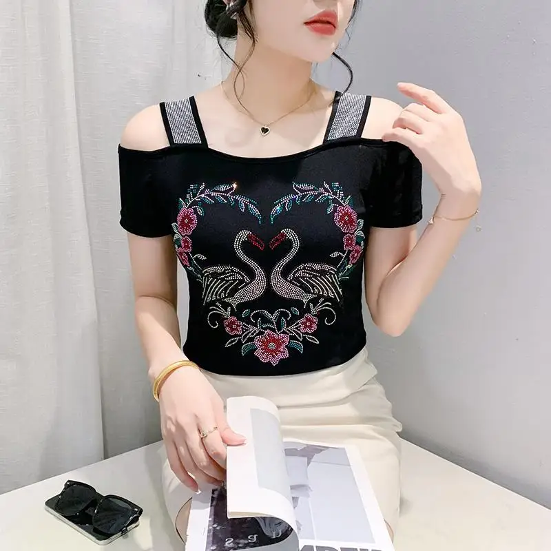 

Luxury High-end Shiny Diamond Summer Black T-shirt Women Y2k Off Shoulder Tees Short Sleeve Tops Slim Fit Sexy Vintage Shirts