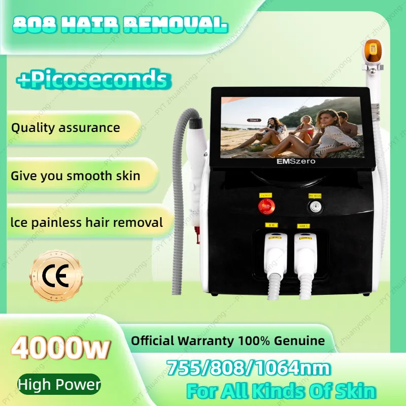 

2 In 1 808NM Laser Diode Picosecond 4000W Ice Platinum Cooling Head Permanent Painless Body Hair Removal Remove Tattoos Machine