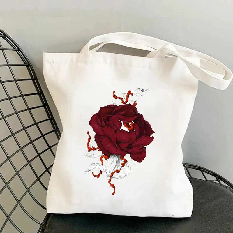 

Gothic Floral and Eye Printed Canvas Tote Bag Personalized Artistic Spacious Practical Shoulder Bag Suitable for Daily Use