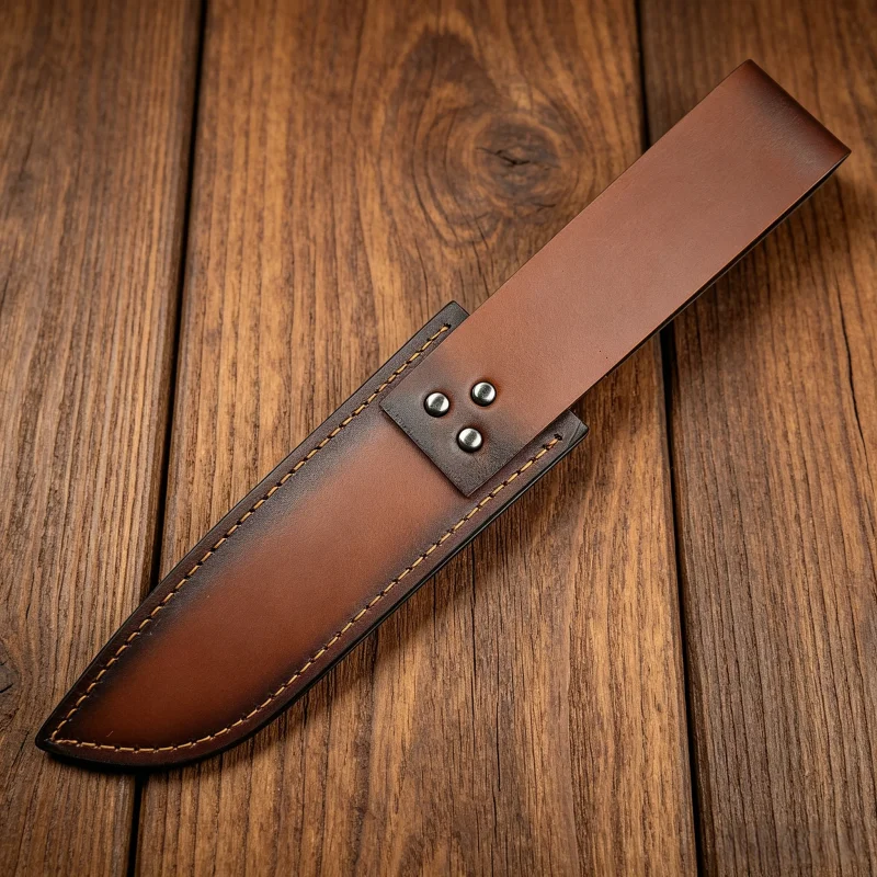 Vintage-Messerhülle aus Spaltleder mit Kreisprägung, Metallverschluss für den Gürtel, nur die Hülle ohne Messer. – Detail 6