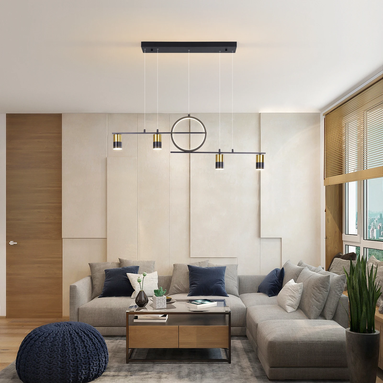 Dimmable LED Pendant Lighting, Creative Linear Pendant Light Fixture, Modern LED Chandelier with Remote Control, Black and Gold