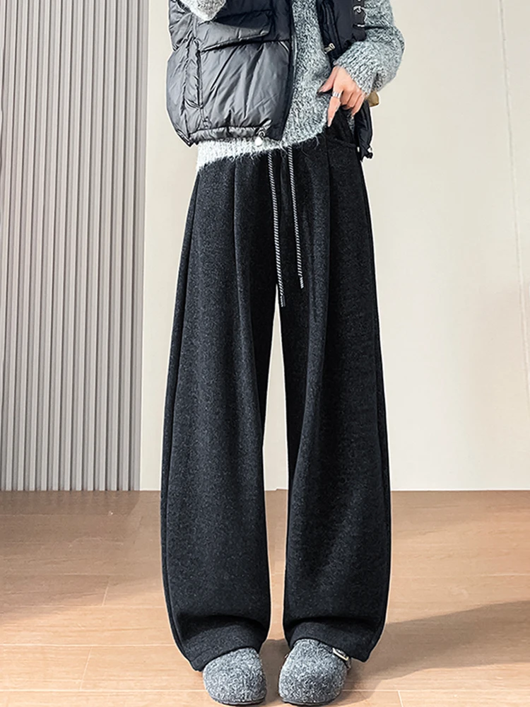 Women's Fce Lined Thi Wide Leg Pants Autumn Winter Casual Loose Straight Cut Floor Length Knife  Trousers