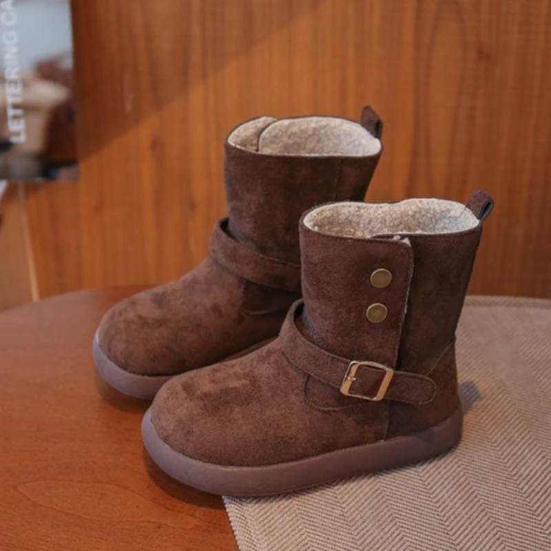 

Зимние сапоги на толстой подошве для девочек, новинка 2026, зимние короткие сапоги на флисовой подкладке, ультра мягкие теплые утягивающие хлопковые сапоги