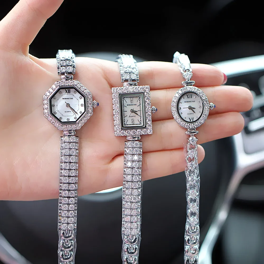 Mobangtuo Women Quartz Watch Luxury Diamond Full Sliver Bracelet Bangle Clock Iced Out Reloj Orologio Watches Ladies Wristwatch