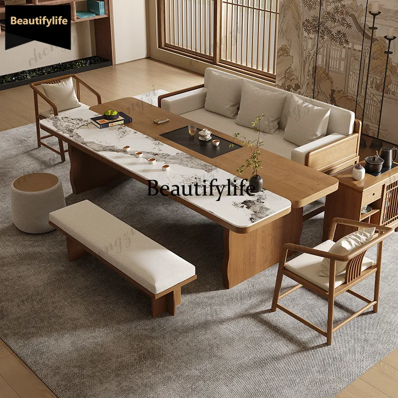 A68New Chinese Arhat bed tea table combination Song aesthetic solid wood office living room home sofa tea table integration
