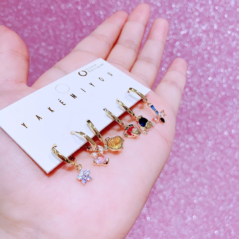 MIGGA 6pcs Mix and Match Crystal Cartoon Bear Dangle Earrings Set Gold Color Plated Women Girls Gift Jewelry