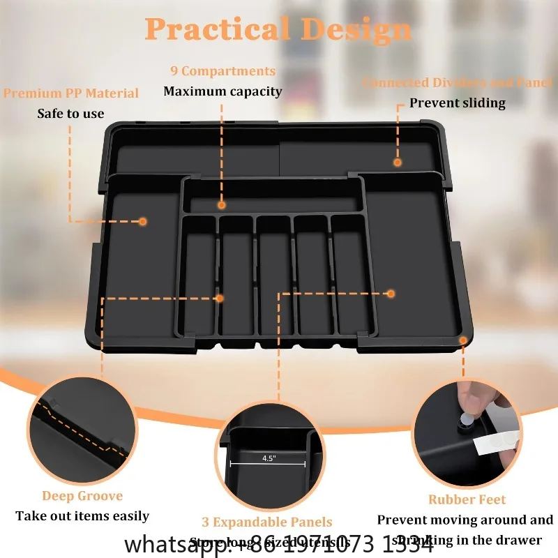 Large Expandable Kitchen Drawer Organizer for Flatware -Adjustable Cutlery Tray (6-9 Slots) for Spoons/Forks/Knives, Black