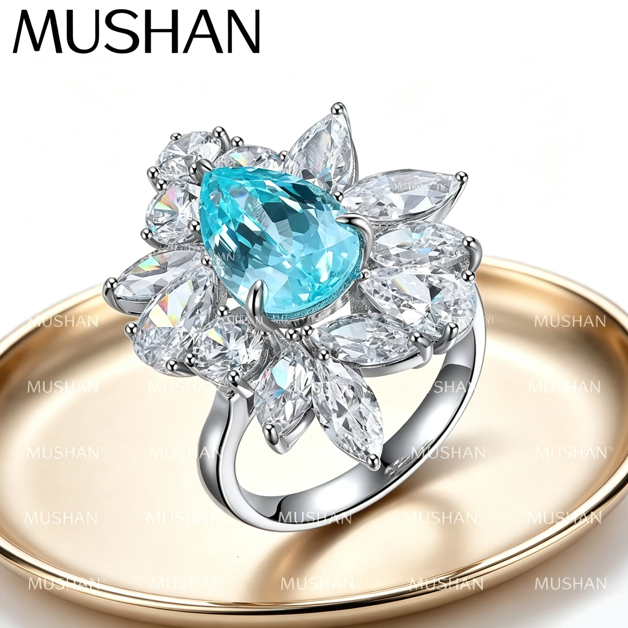 MUSHAN Custom Jewelry 925 Sterling Silver Ring Lab Blue Green Emerald Round Bridal Ring for Women 18K Gold Plated Classic Rings