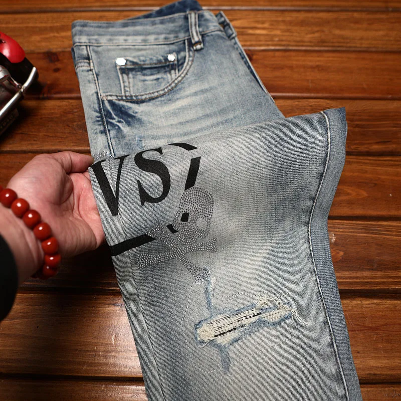 

Street ripped patch jeans men's print slim fit small feet summer blue trendy fashion high-end denim pants