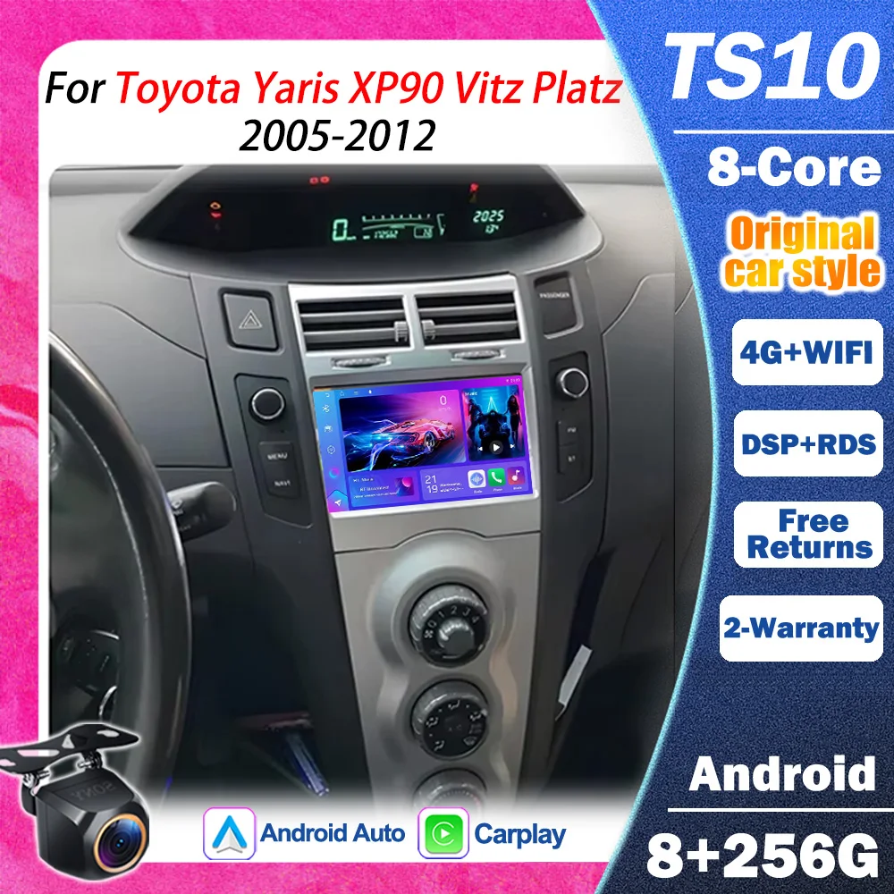 Rádio Automotivo Android 16 de 7'' para Toyota Yaris Xp90 Vitz Platz 2005 - 2012 com GPS, Navegação, Estéreo, Carplay, Auto Multimídia e Reprodutor de Vídeo