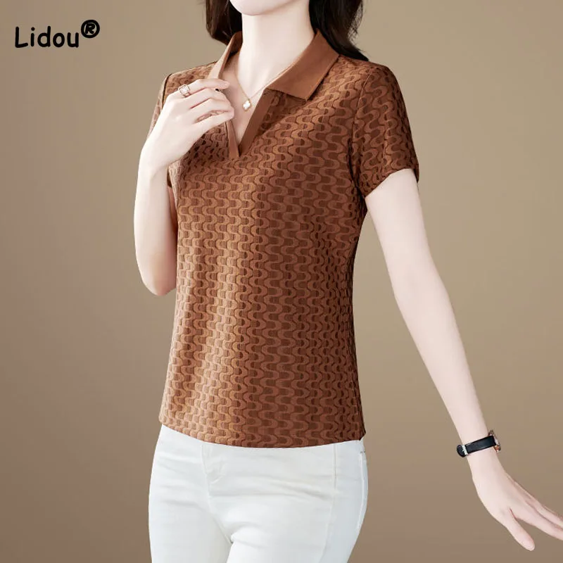 Office Lady Fashion Slim Solid Color Women\'s Polo T-shirt 2023 New Commute Simplicity Short Sleeve Tops Summer Female Clothing