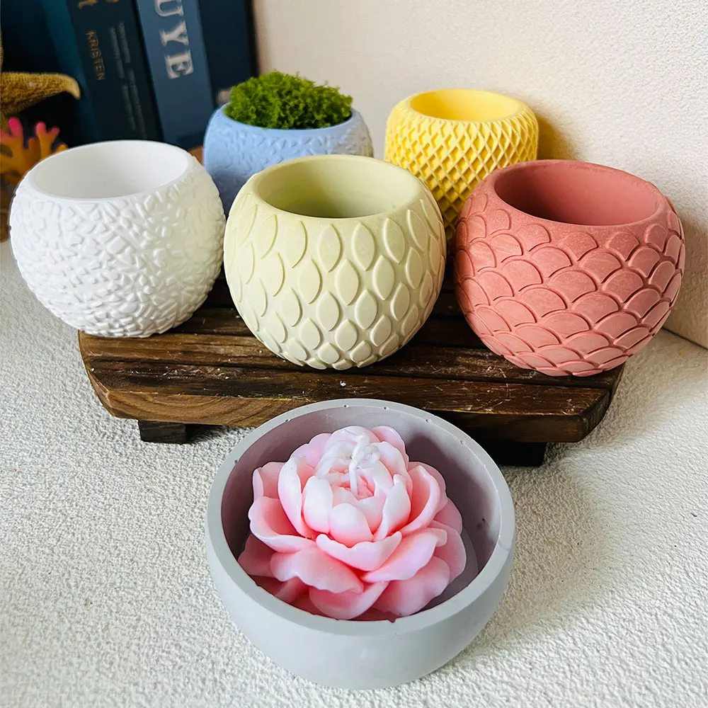 1pc Fish Scale Pattern Cement Candle Cup Mold Concrete Flowerpot Bowl Candle Vessel Silicone Mold Aroma Plaster Epoxy Resin Mold