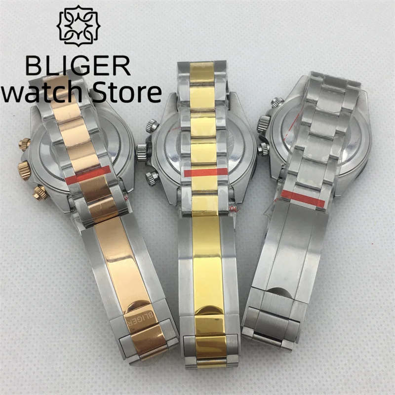 BLIGER 39mm quartz chronograph VK63 Movement Sapphire Glass Men's Watch Calendar Oyster strap Three-eye dial Green luminous