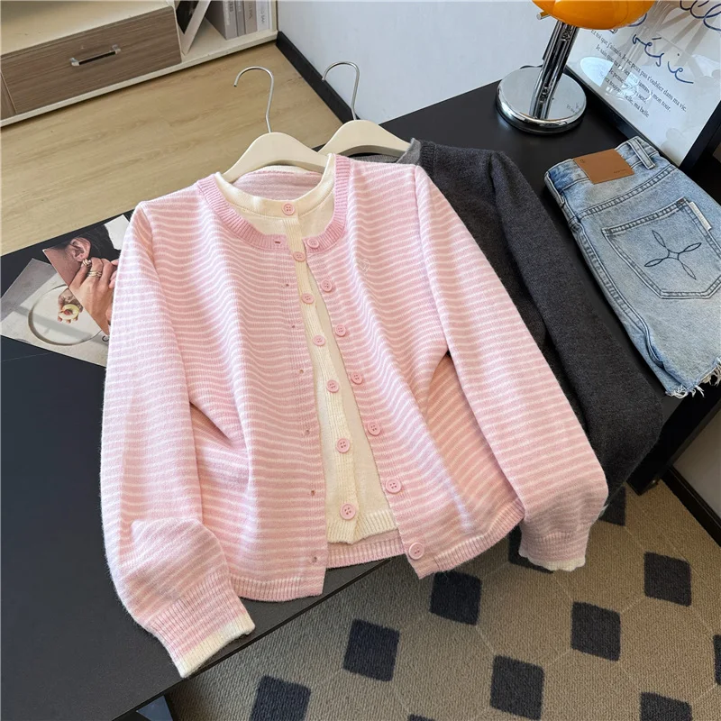 

Korean Pink Striped Fake Two Piece Knitted Cardigan Women's Autumn Winter O-Neck Long Sleeve Loose Sweater Casual Versatile Top