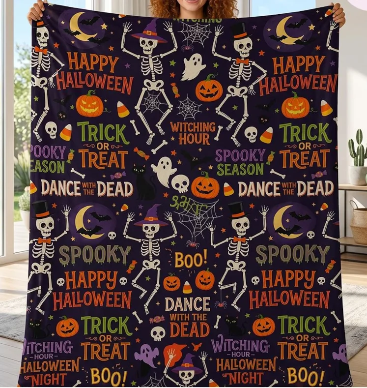 Dance with The Dead Halloween Blanket Funny Skeleton Pumpkin Throw Blanket Season Cozy Blanket Gothic Fall Decor Halloween Gift