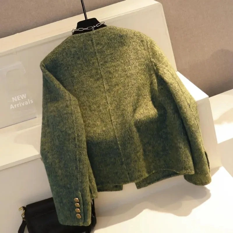 2025 Autumn Winter New Small fragrant style Woolen Short Jacket Fashion Temperament Slim O neck Coat Female Single breasted Tops