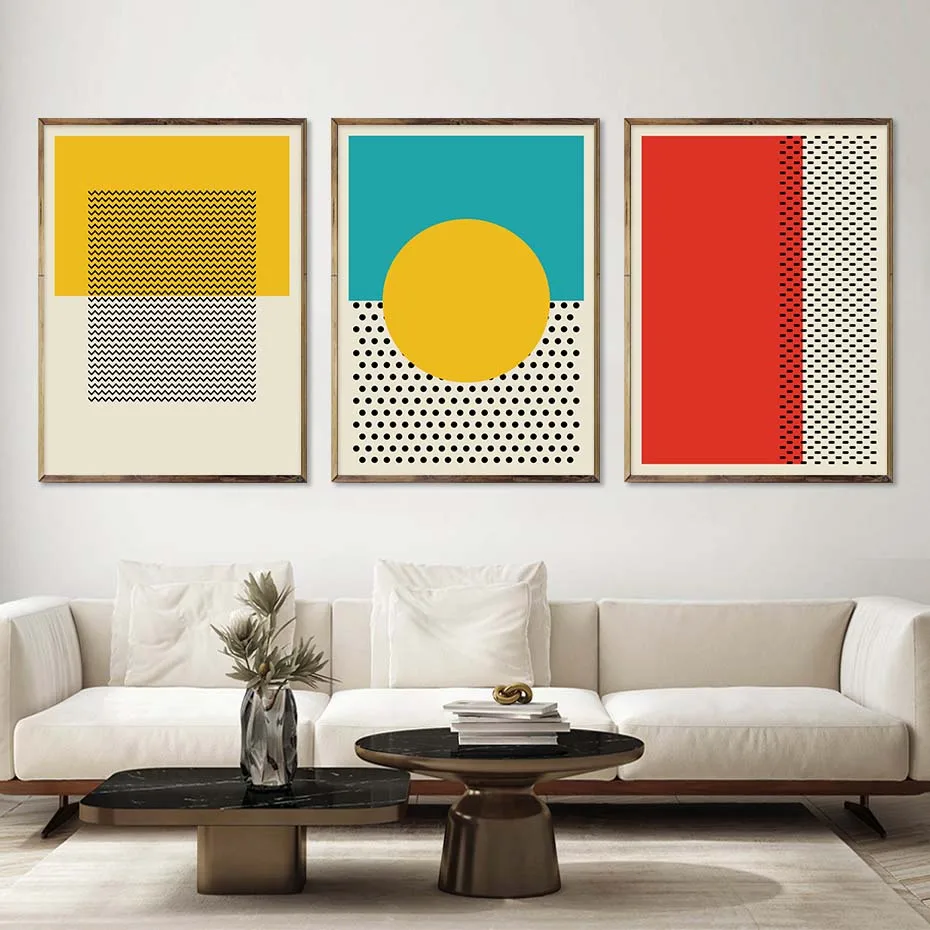 Mid Century Color Blocks Line Dots Abstract Modern Poster Canvas Painting Wall Art Mural Print Picture Living Room Home Decor