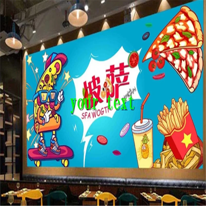 Cartoon Western Fast Food Snack Bar Wall Paper 3D Pizza Burger Restaurant Industrial Decor Wall Background Mural Wallpaper 3D