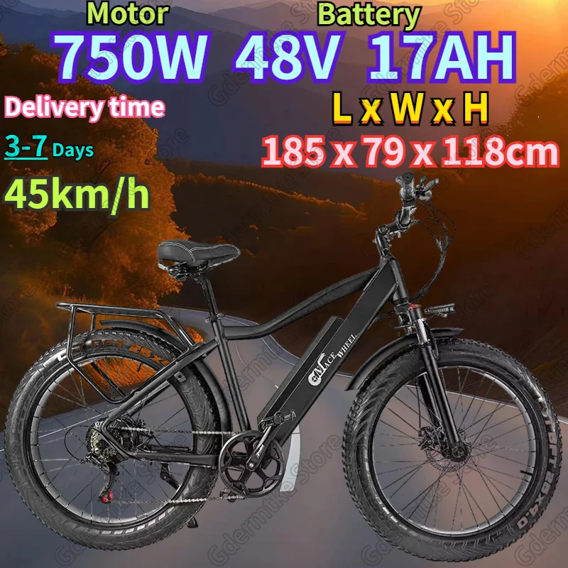 E Bike 750W Motor 48V17Ah Lithium Battery Aluminum Alloy Electric Bike 26 Inch Fat Tire Life 100KM Disc Brake Electric Bicycle