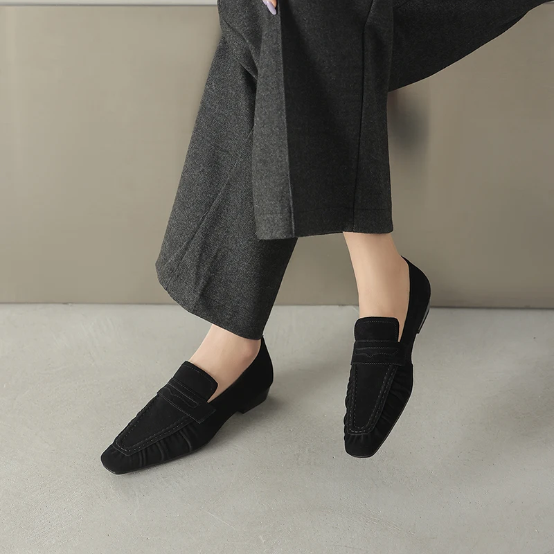 Spring Genuine Leather Women Pumps Fashion Pleated Square Toe Shoes for Women Thick Heel Women Loafers Zapatos Mujer Low Heel view 6